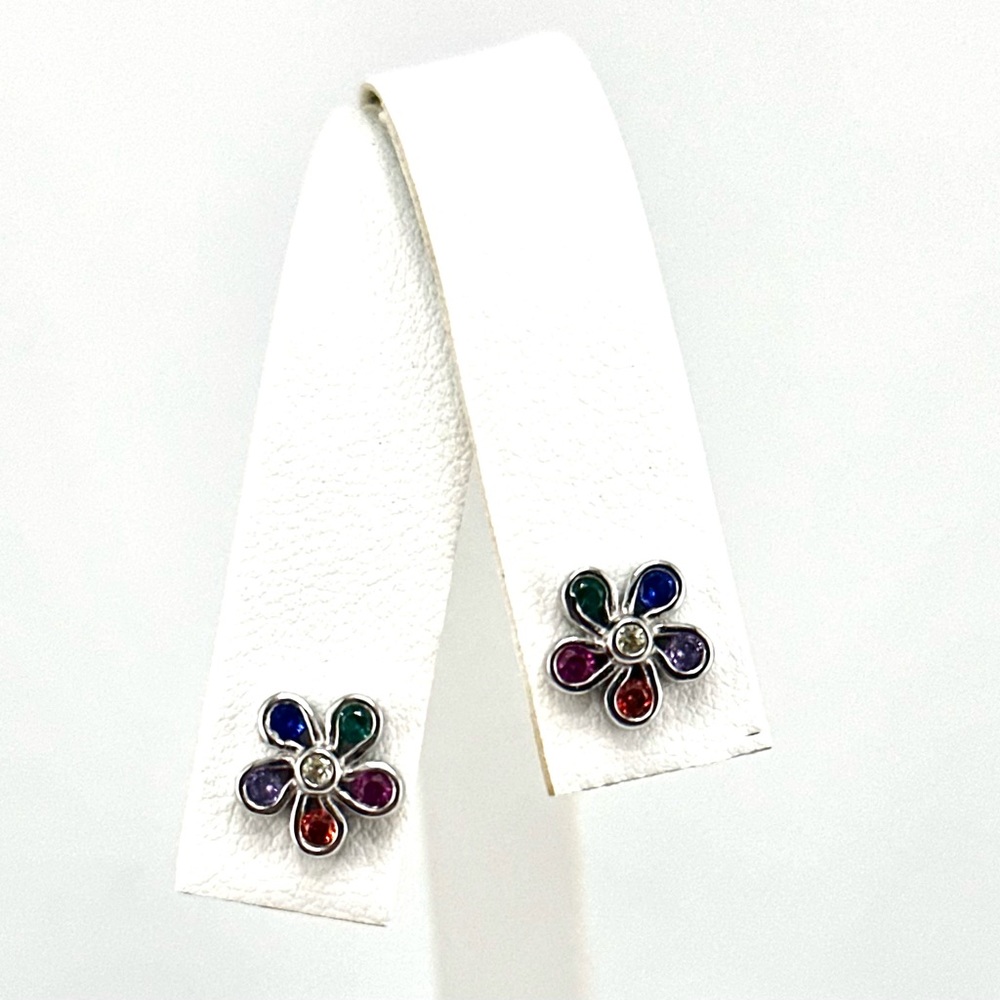 925 Solid Sterling Silver Multicolor Flower Stud … - image 1